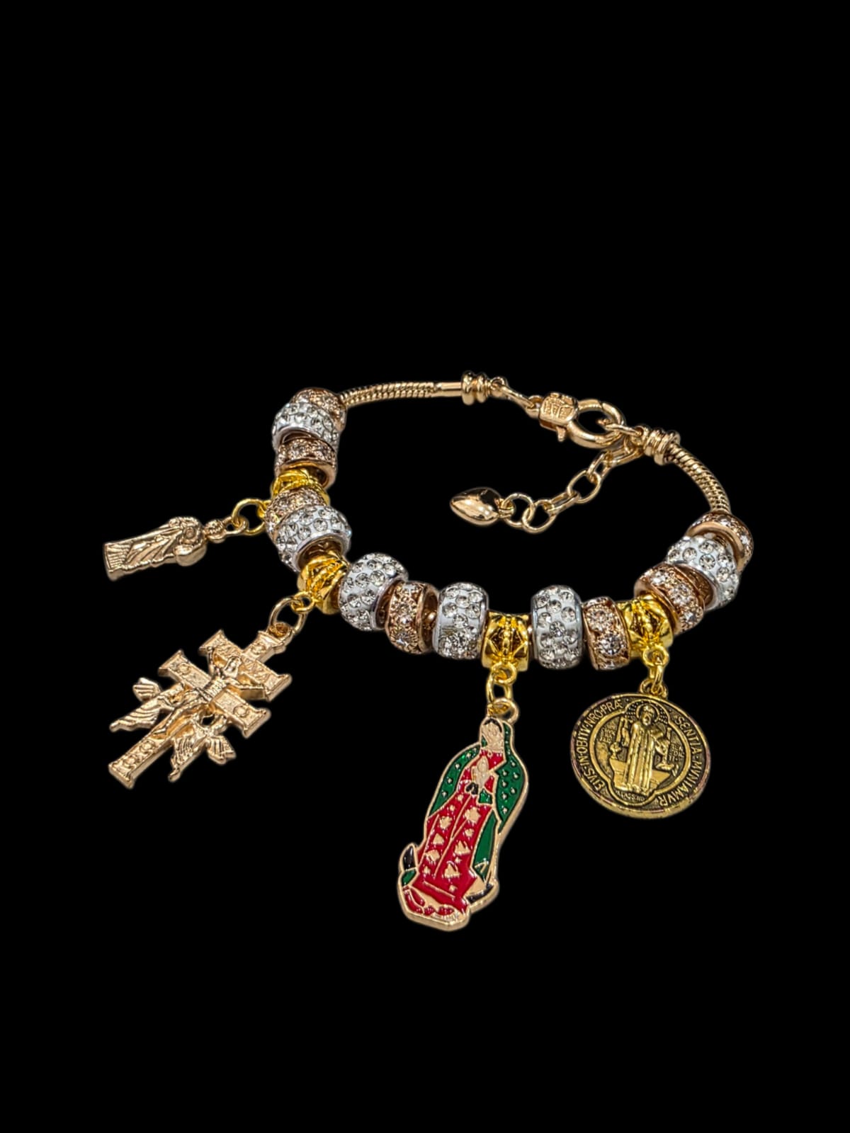 Gold plated San Judas virgen de Guadalupe San Benito Cruz de caravaca bracelet