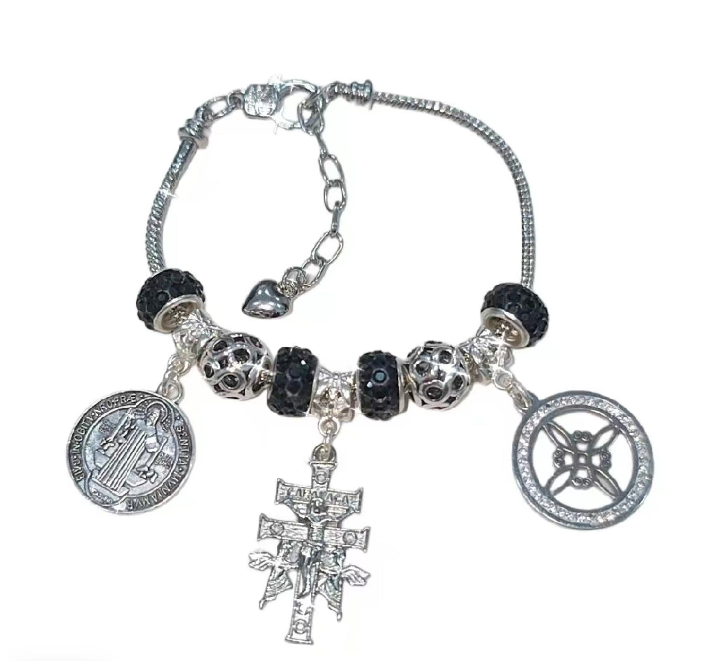 Black Triple protection bracelet, nudo de bruja, Cruz de Caravaca, medalla de San Benito, you can add charms