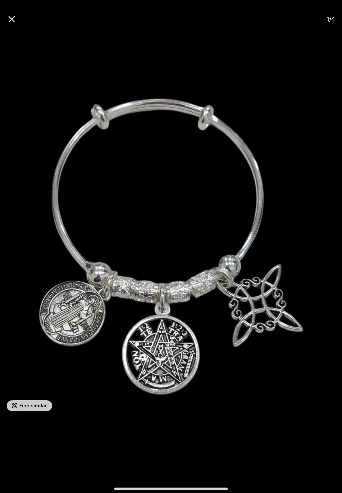 Silver bracelet with Tetragramatón, Nudo de Bruja y Medalla de San Benito
