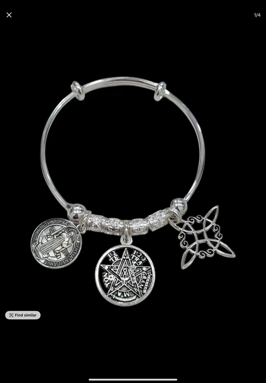 Silver bracelet with Tetragramatón, Nudo de Bruja y Medalla de San Benito